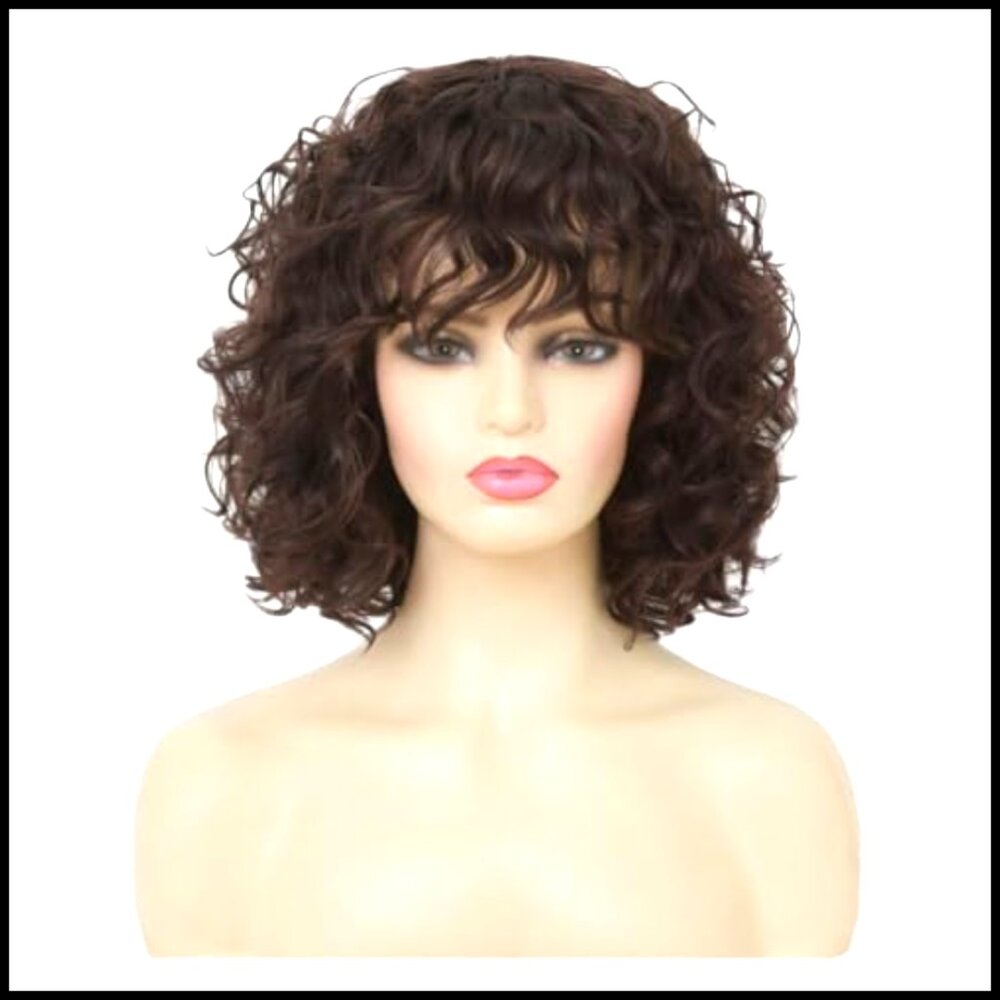 Curly Bob Wig with Bangs Shoulder Length Synthetic Heat Resistant Daily Party - Picture 2 of 7